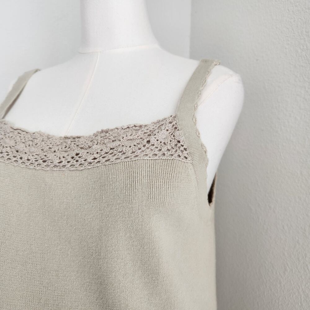 Vintage 90s Beige Knit Crochet Trim Tank Top Square Neck Sleeveless Sweater XL - Picture 3 of 9